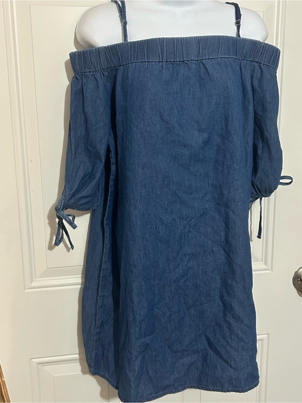 Timing Denim Off-Shoulder Mini Dress in Dark Blue